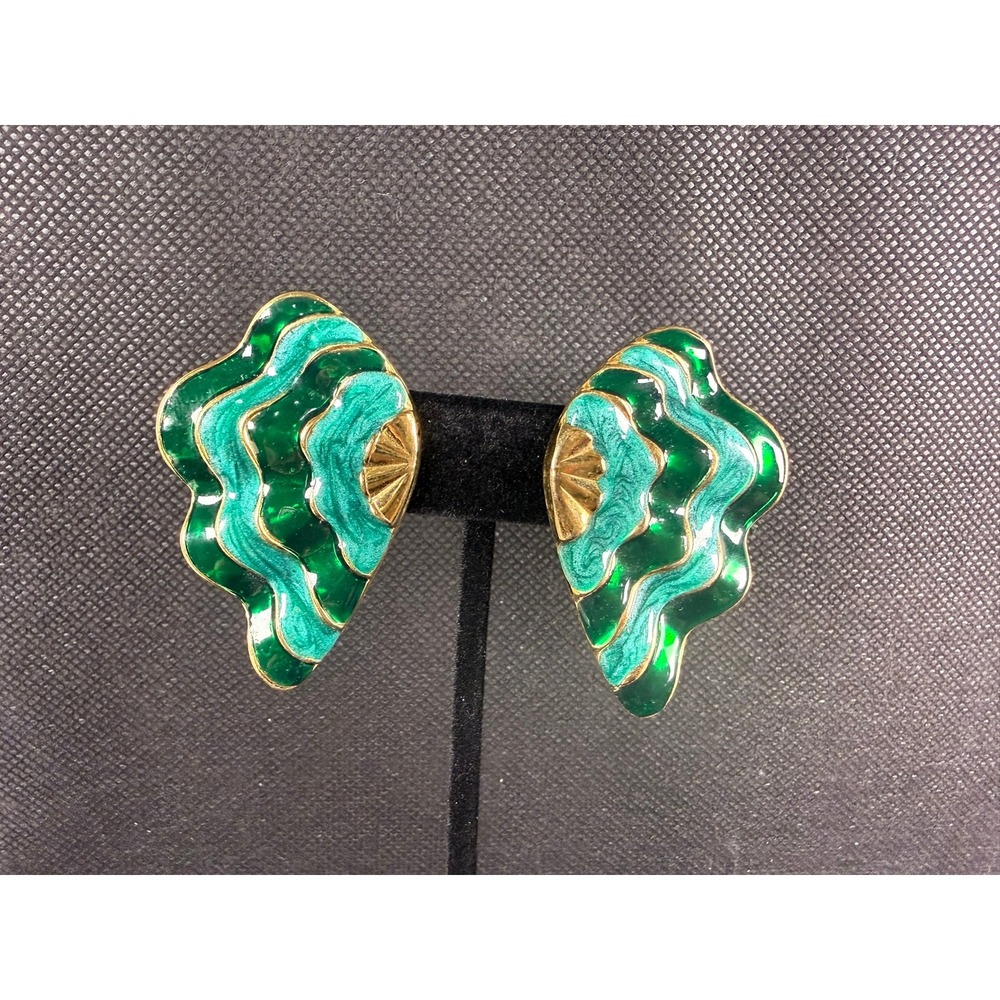 Vintage Green & Teal Enamel Clip‑On Earrings – Gold Fan Wave Statement Design